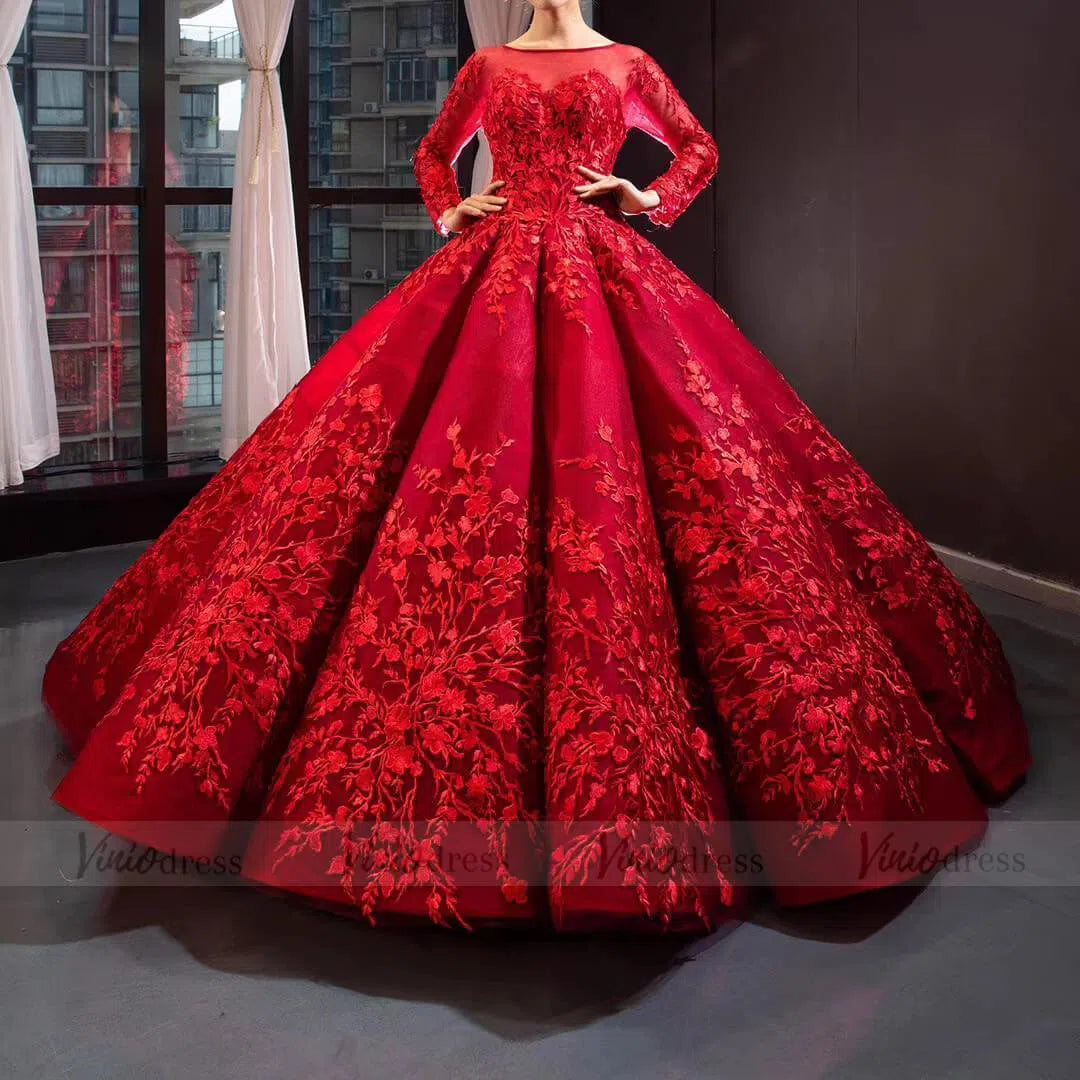 Prom Dress 2025 Long Sleeve Muslim Wedding Dresses Luxury Ball Gown 66699 viniodress-unique Quinceanera Dresses-Dark Red-Custom Size-Viniodress