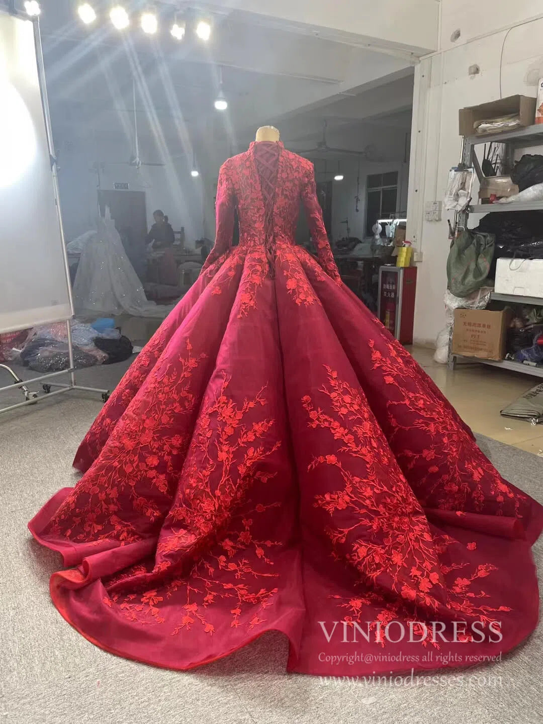 Prom Dress 2025 Long Sleeve Muslim Wedding Dresses Luxury Ball Gown 66699 viniodress-unique Quinceanera Dresses-Dark Red-Custom Size-Viniodress