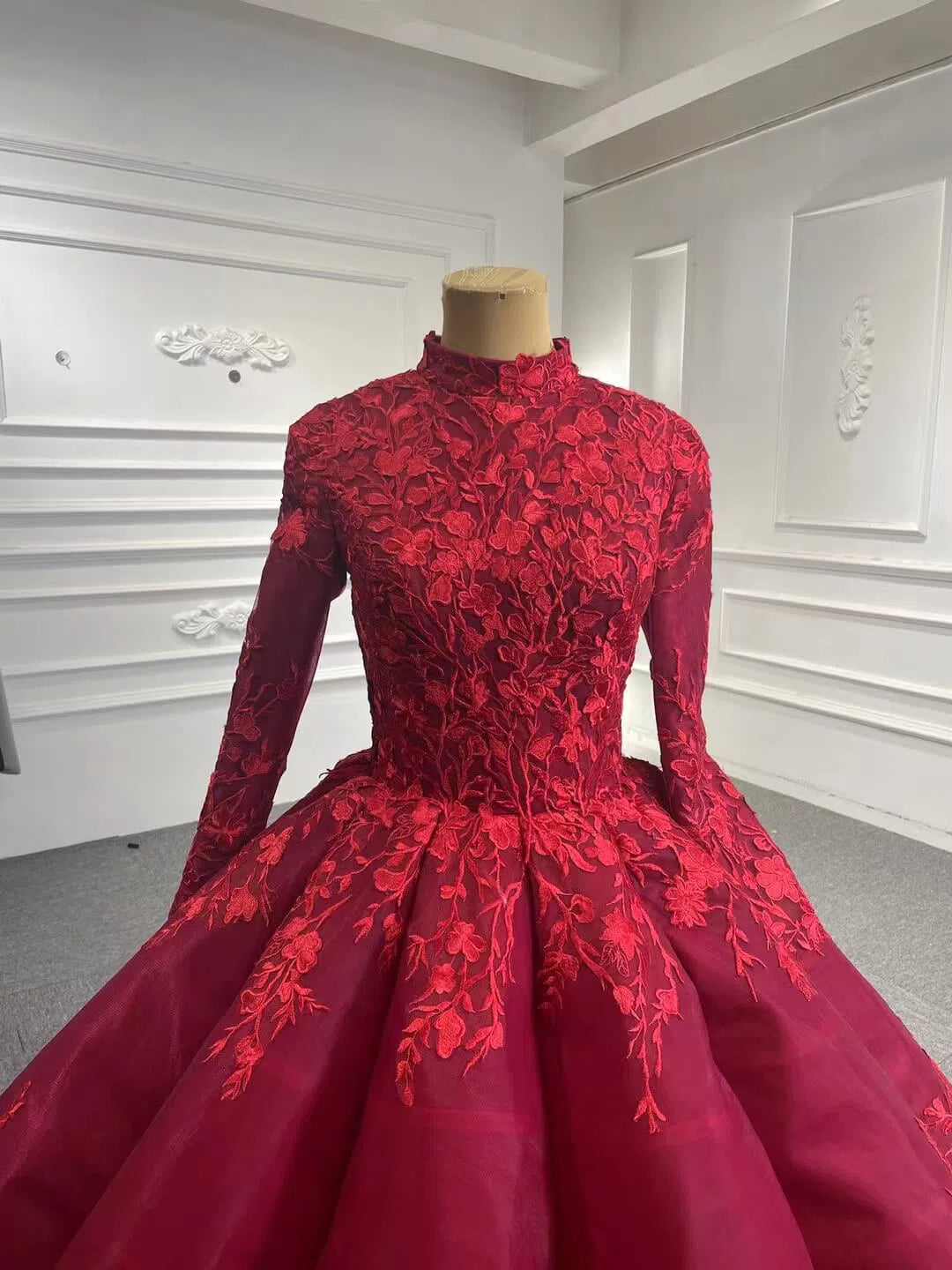 Prom Dress 2025 Long Sleeve Muslim Wedding Dresses Luxury Ball Gown 66699 viniodress-unique Quinceanera Dresses-Dark Red-Custom Size-Viniodress