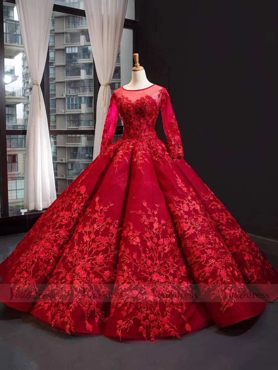 Prom Dress 2025 Long Sleeve Muslim Wedding Dresses Luxury Ball Gown 66699 viniodress-unique Quinceanera Dresses-Dark Red-Custom Size-Viniodress