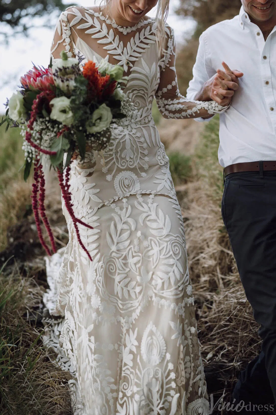 Long Sleeve Nude Boho Wedding Dresses Sheath Lace Bohemian Bridal Gown RDS001-wedding dresses-Viniodress-Viniodress