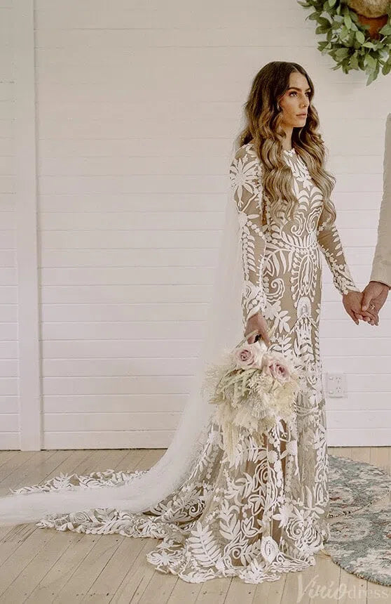 Long Sleeve Nude Boho Wedding Dresses Sheath Lace Bohemian Bridal Gown RDS001-wedding dresses-Viniodress-Viniodress