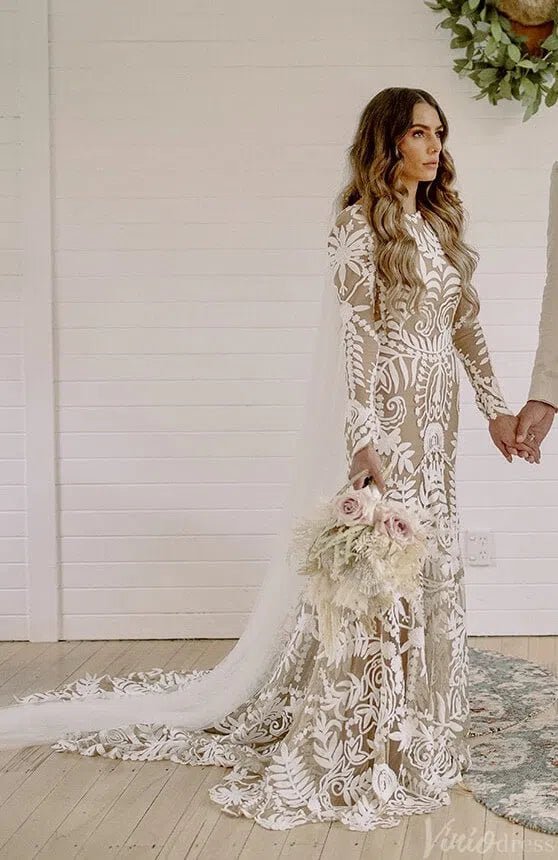 Long Sleeve Nude Boho Wedding Dresses Sheath Lace Bohemian Bridal Gown RDS001 - Viniodresswedding dressesNudeCustom Size - Formal Dresses - Ball Gowns