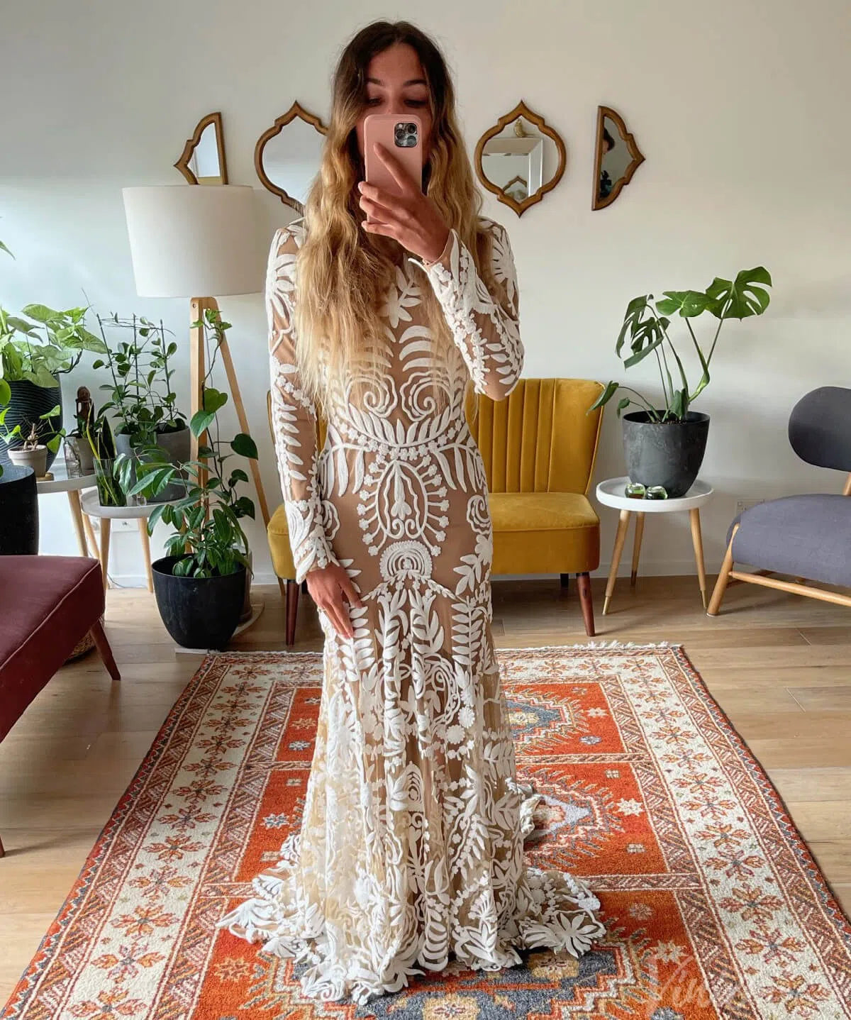 Long Sleeve Nude Boho Wedding Dresses Sheath Lace Bohemian Bridal Gown RDS001-wedding dresses-Viniodress-Viniodress