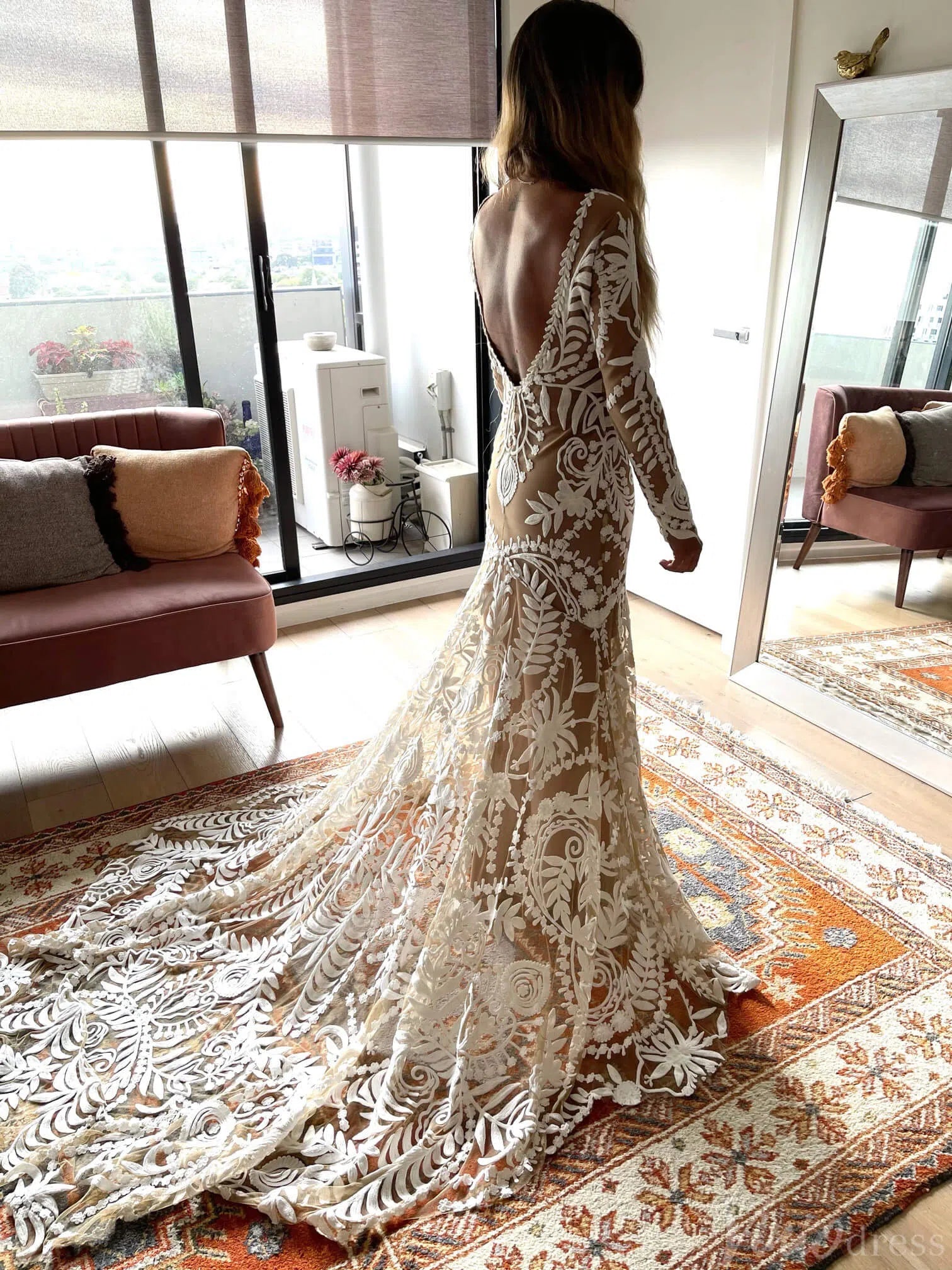 Long Sleeve Nude Boho Wedding Dresses Sheath Lace Bohemian Bridal Gown RDS001-wedding dresses-Viniodress-Viniodress