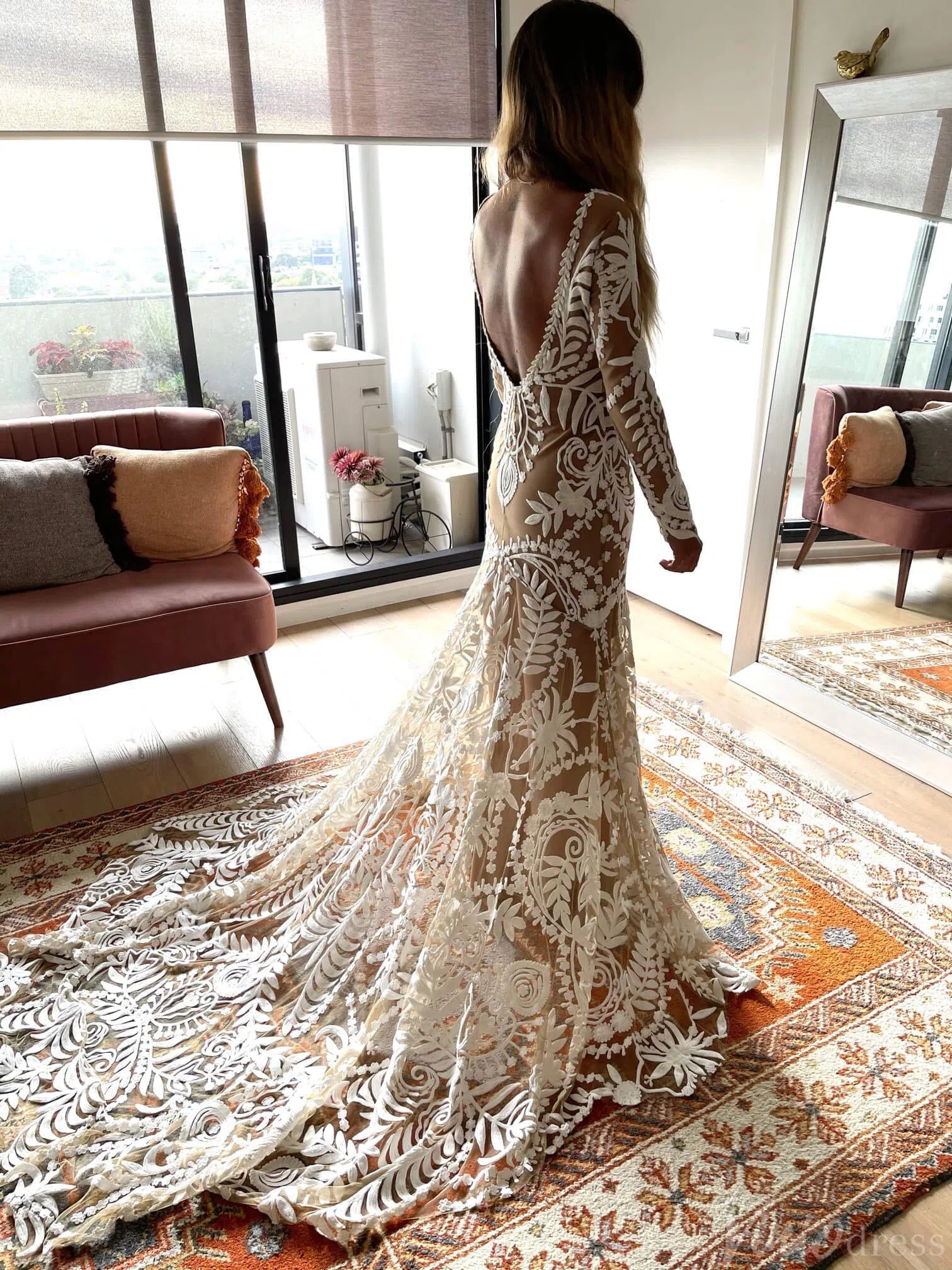 Long Sleeve Nude Boho Wedding Dresses Sheath Lace Bohemian Bridal Gown RDS001 - Viniodresswedding dressesNudeCustom Size - Formal Dresses - Ball Gowns