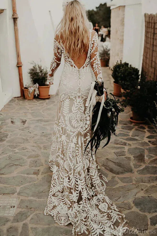 Long Sleeve Nude Boho Wedding Dresses Sheath Lace Bohemian Bridal Gown RDS001-wedding dresses-Viniodress-Viniodress