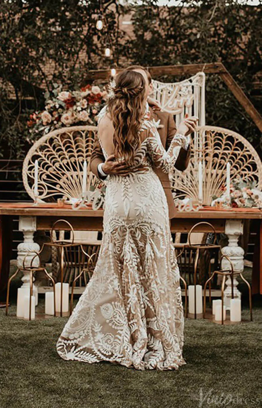 Long Sleeve Nude Boho Wedding Dresses Sheath Lace Bohemian Bridal Gown RDS001-wedding dresses-Viniodress-Viniodress