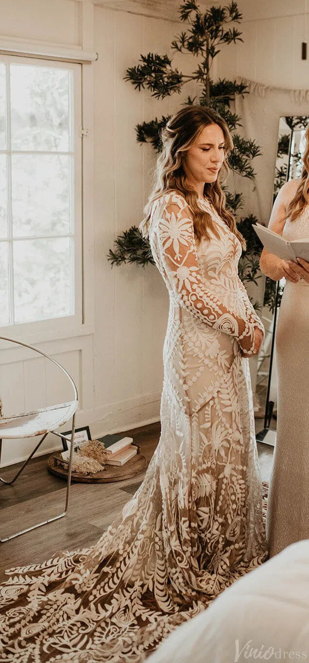 Long Sleeve Nude Boho Wedding Dresses Sheath Lace Bohemian Bridal Gown RDS001-wedding dresses-Viniodress-Viniodress