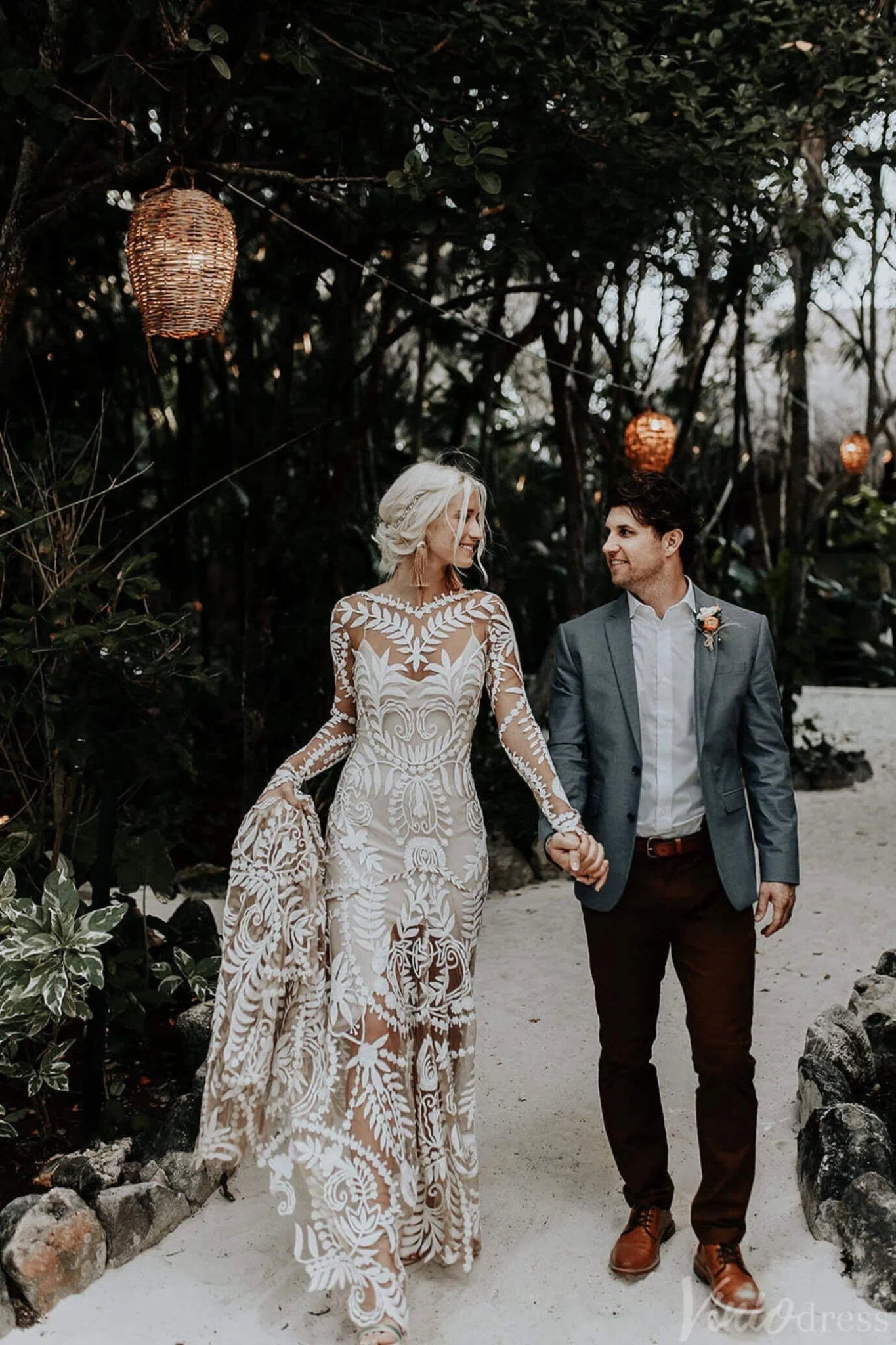 Long Sleeve Nude Boho Wedding Dresses Sheath Lace Bohemian Bridal Gown RDS001 - Viniodresswedding dressesNudeCustom Size - Formal Dresses - Ball Gowns