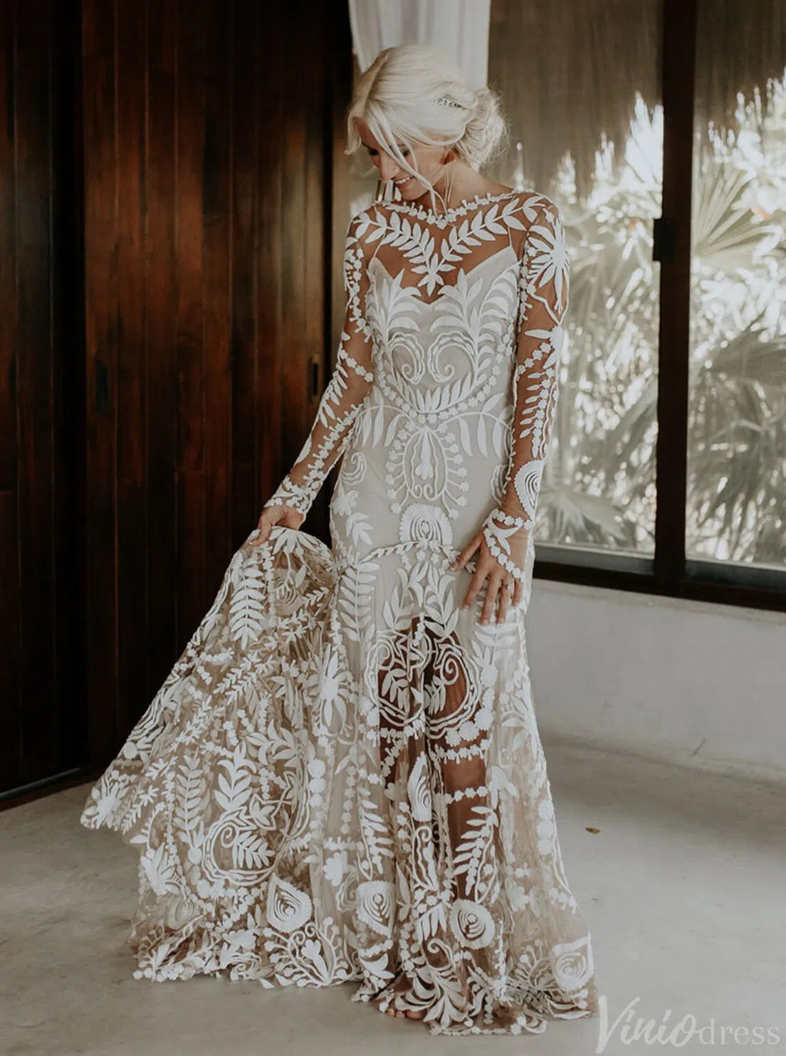 Long Sleeve Nude Boho Wedding Dresses Sheath Lace Bohemian Bridal Gown RDS001-wedding dresses-Viniodress-Viniodress