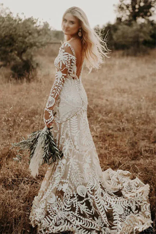 Long Sleeve Nude Boho Wedding Dresses Sheath Lace Bohemian Bridal Gown RDS001-wedding dresses-Viniodress-Viniodress