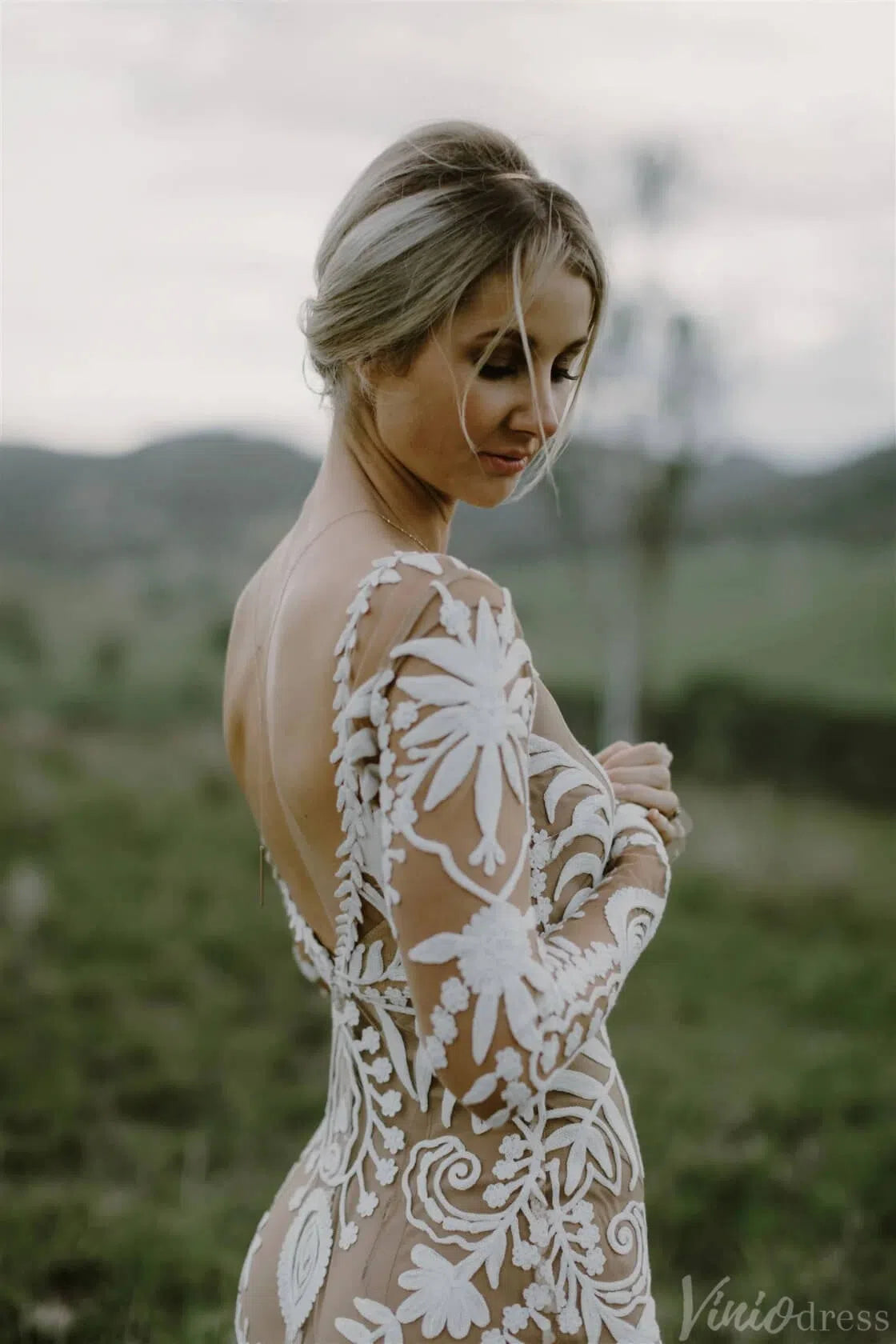 Long Sleeve Nude Boho Wedding Dresses Sheath Lace Bohemian Bridal Gown RDS001-wedding dresses-Viniodress-Viniodress