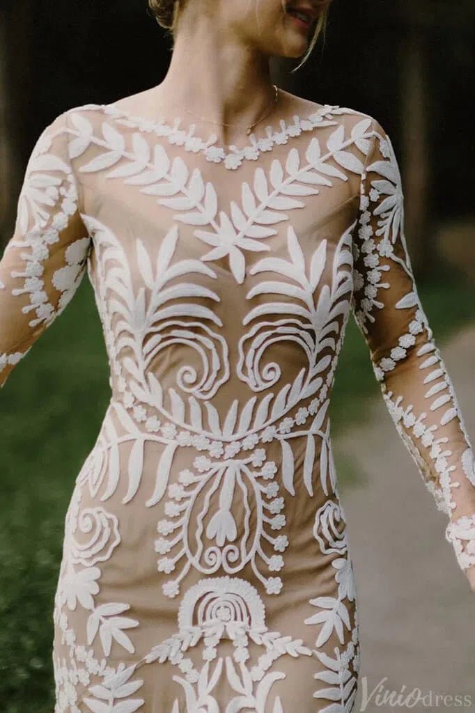 Long Sleeve Nude Boho Wedding Dresses Sheath Lace Bohemian Bridal Gown RDS001 - Viniodresswedding dressesNudeCustom Size - Formal Dresses - Ball Gowns