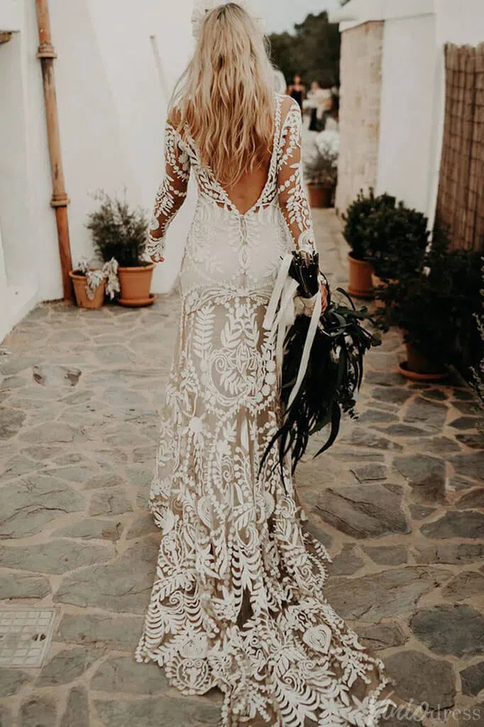 Long Sleeve Nude Boho Wedding Dresses Sheath Lace Bohemian Bridal Gown RDS001-wedding dresses-Viniodress-Viniodress