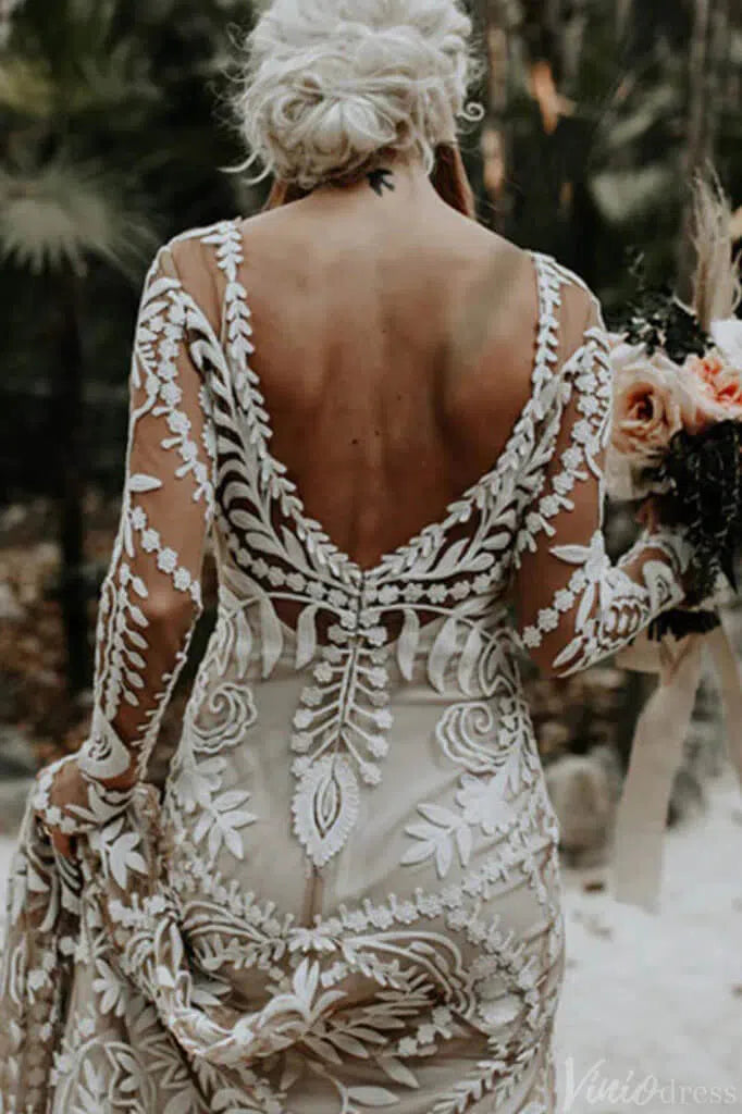 Long Sleeve Nude Boho Wedding Dresses Sheath Lace Bohemian Bridal Gown RDS001-wedding dresses-Viniodress-Viniodress