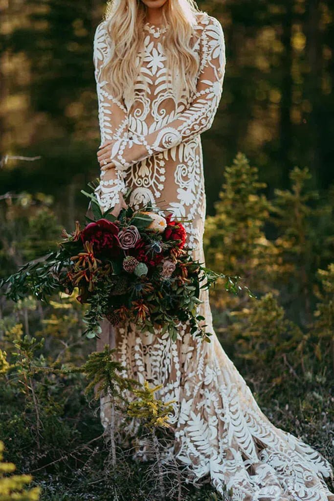 Long Sleeve Nude Boho Wedding Dresses Sheath Lace Bohemian Bridal Gown RDS001 - Viniodresswedding dressesNudeCustom Size - Formal Dresses - Ball Gowns