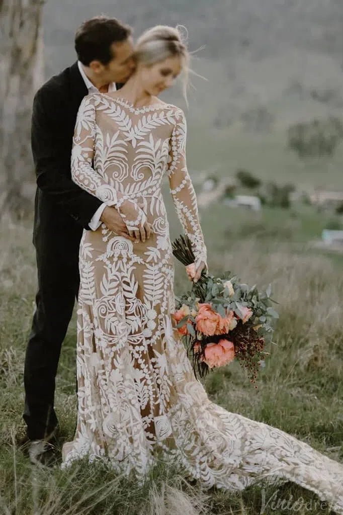 Long Sleeve Nude Boho Wedding Dresses Sheath Lace Bohemian Bridal Gown RDS001 - Viniodresswedding dressesNudeCustom Size - Formal Dresses - Ball Gowns