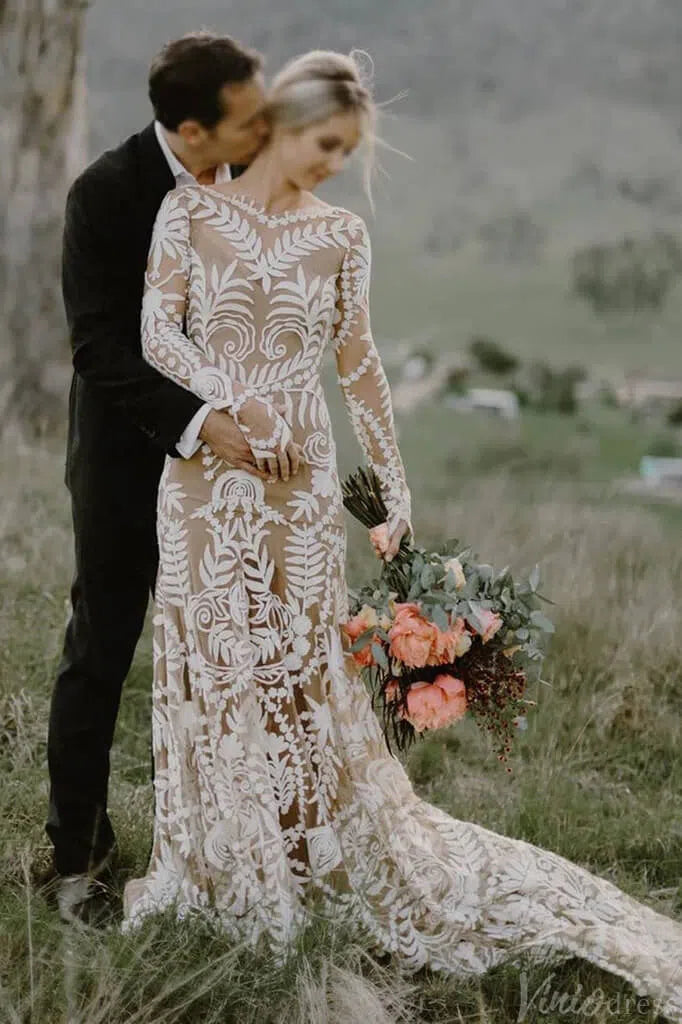 Long Sleeve Nude Boho Wedding Dresses Sheath Lace Bohemian Bridal Gown RDS001-wedding dresses-Viniodress-Nude-Custom Size-Viniodress