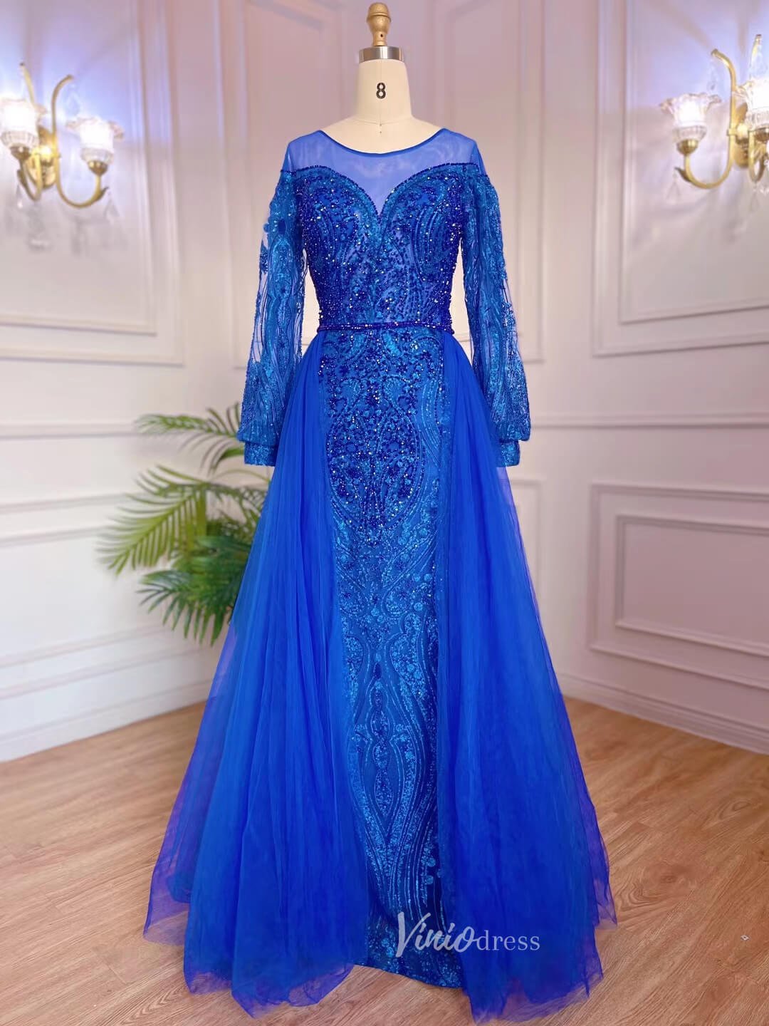 Long Sleeve Overskirt Evening Dresses Beaded Mother of the Bride Dress 20053-Evening Dresses 2025 -Viniodress-Blue-US 2-