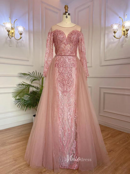 Long Sleeve Overskirt Evening Dresses Beaded Mother of the Bride Dress 20053-Evening Dresses 2025 -Viniodress-Pink-US 2-