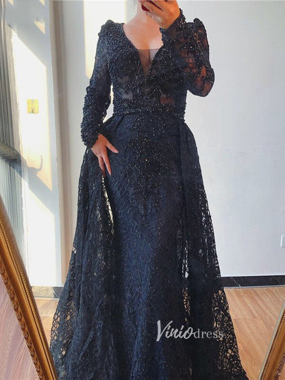 Long Sleeve Overskirt Formal Dresses Beaded Evening Gown FD2671B-Evening Dresses 2025 -Viniodress-Black-US 2-