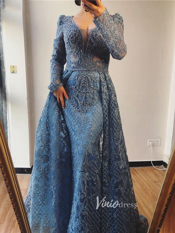 Long Sleeve Overskirt Formal Dresses Beaded Evening Gown FD2671B-Evening Dresses 2025 -Viniodress-Dusty Blue-US 2-