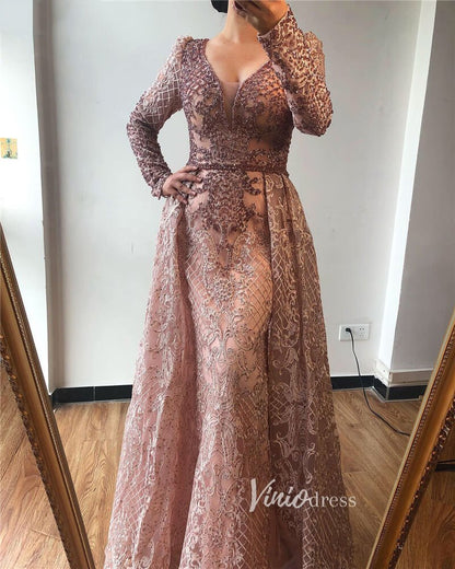Long Sleeve Overskirt Formal Dresses Beaded Evening Gown FD2671B-Evening Dresses 2025 -Viniodress-Dusty Rose-US 2-