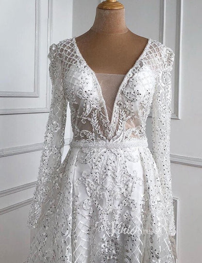 Long Sleeve Overskirt Formal Dresses Beaded Evening Gown FD2671B-Evening Dresses 2025 -Viniodress-Emerald Green-US 2-