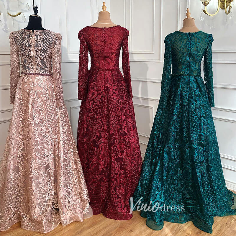 Long Sleeve Overskirt Formal Dresses Beaded Evening Gown FD2671B-Evening Dresses 2025 -Viniodress-Emerald Green-US 2-