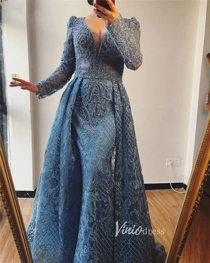 Long Sleeve Overskirt Formal Dresses Beaded Evening Gown FD2671B-Evening Dresses 2025 -Viniodress-Emerald Green-US 2-