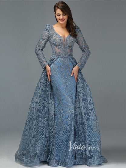Long Sleeve Overskirt Formal Dresses Beaded Evening Gown FD2671B-Evening Dresses 2025 -Viniodress-Emerald Green-US 2-
