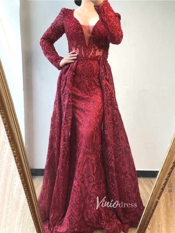 Long Sleeve Overskirt Formal Dresses Beaded Evening Gown FD2671B-Evening Dresses 2025 -Viniodress-Emerald Green-US 2-