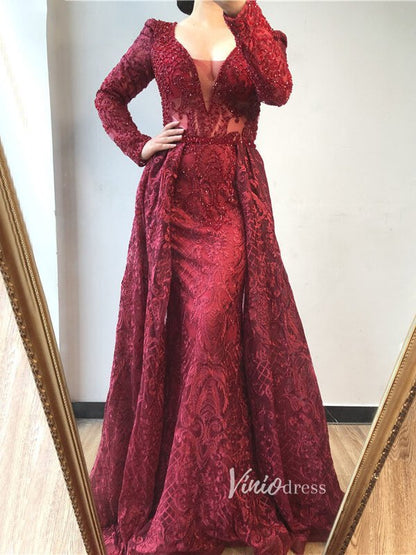 Long Sleeve Overskirt Formal Dresses Beaded Evening Gown FD2671B-Evening Dresses 2025 -Viniodress-Emerald Green-US 2-