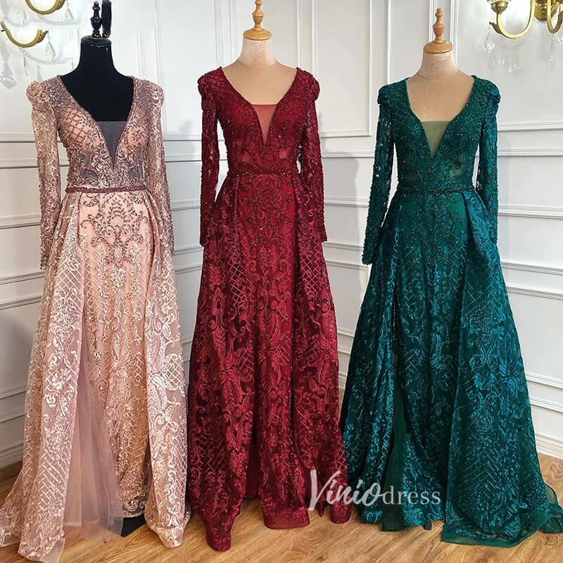 Long Sleeve Overskirt Formal Dresses Beaded Evening Gown FD2671B-Evening Dresses 2025 -Viniodress-Emerald Green-US 2-
