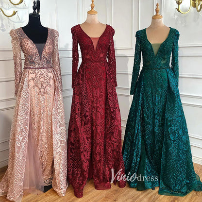 Long Sleeve Overskirt Formal Dresses Beaded Evening Gown FD2671B-Evening Dresses 2025 -Viniodress-Emerald Green-US 2-