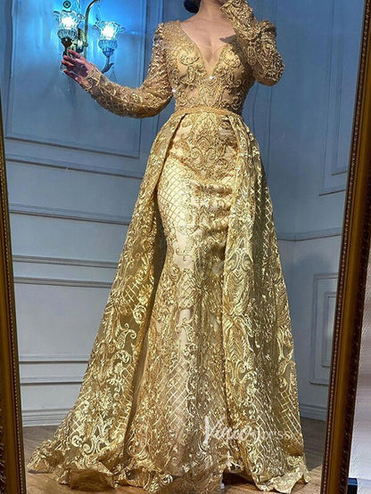 Long Sleeve Overskirt Formal Dresses Beaded Evening Gown FD2671B-Evening Dresses 2025 -Viniodress-Gold-US 2-