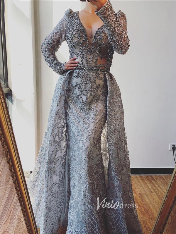 Long Sleeve Overskirt Formal Dresses Beaded Evening Gown FD2671B-Evening Dresses 2025 -Viniodress-Grey-US 2-