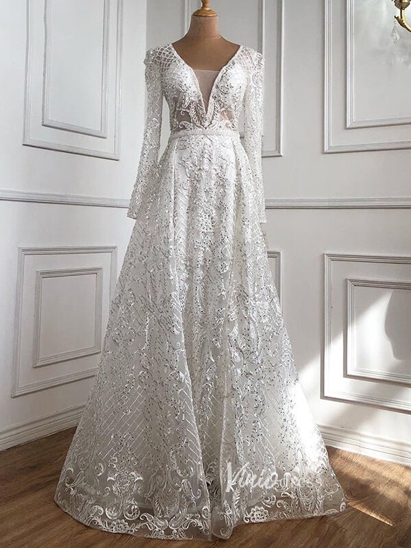 Long Sleeve Overskirt Formal Dresses Beaded Evening Gown FD2671B-Evening Dresses 2025 -Viniodress-White-US 2-