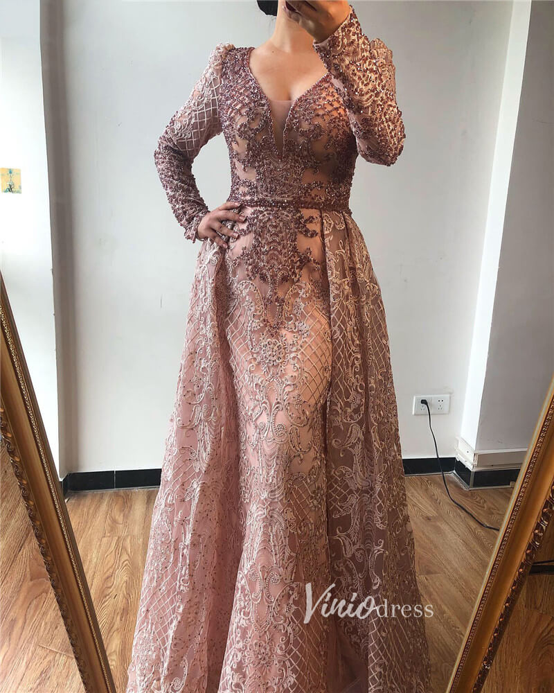 Prom Dress 2025 Long Sleeve Overskirt Formal Dresses Beaded Evening Gown FD2671B-unique prom dresses-Dusty Rose-US 2-Viniodress