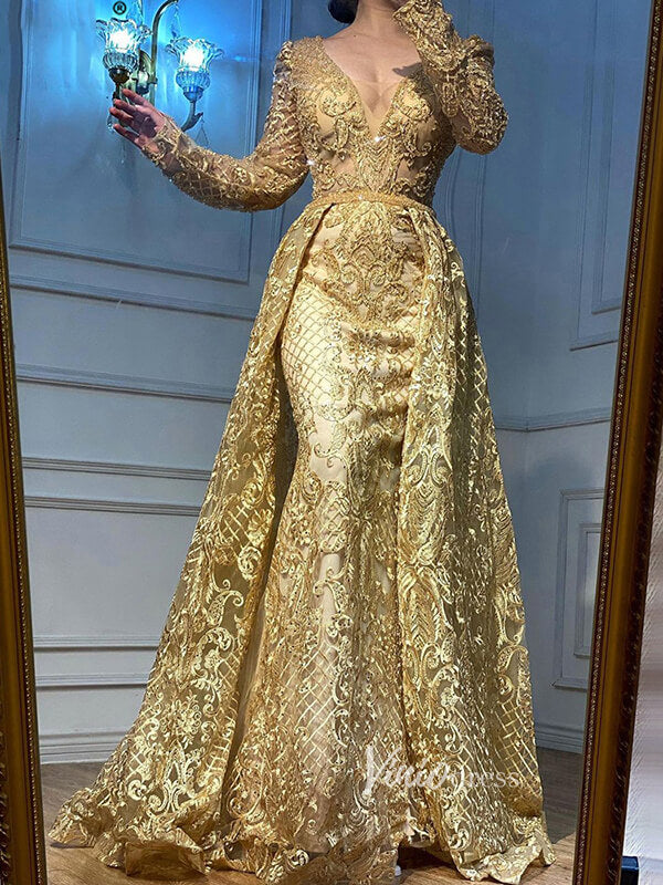 Prom Dress 2025 Long Sleeve Overskirt Formal Dresses Beaded Evening Gown FD2671B-unique prom dresses-Gold-US 2-Viniodress