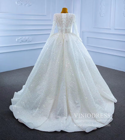 Long Sleeve Pearl Beaded Wedding Dresses Ball Gown V-neck 67265-wedding dresses 2025 -Viniodress-Ivory-Custom Size-