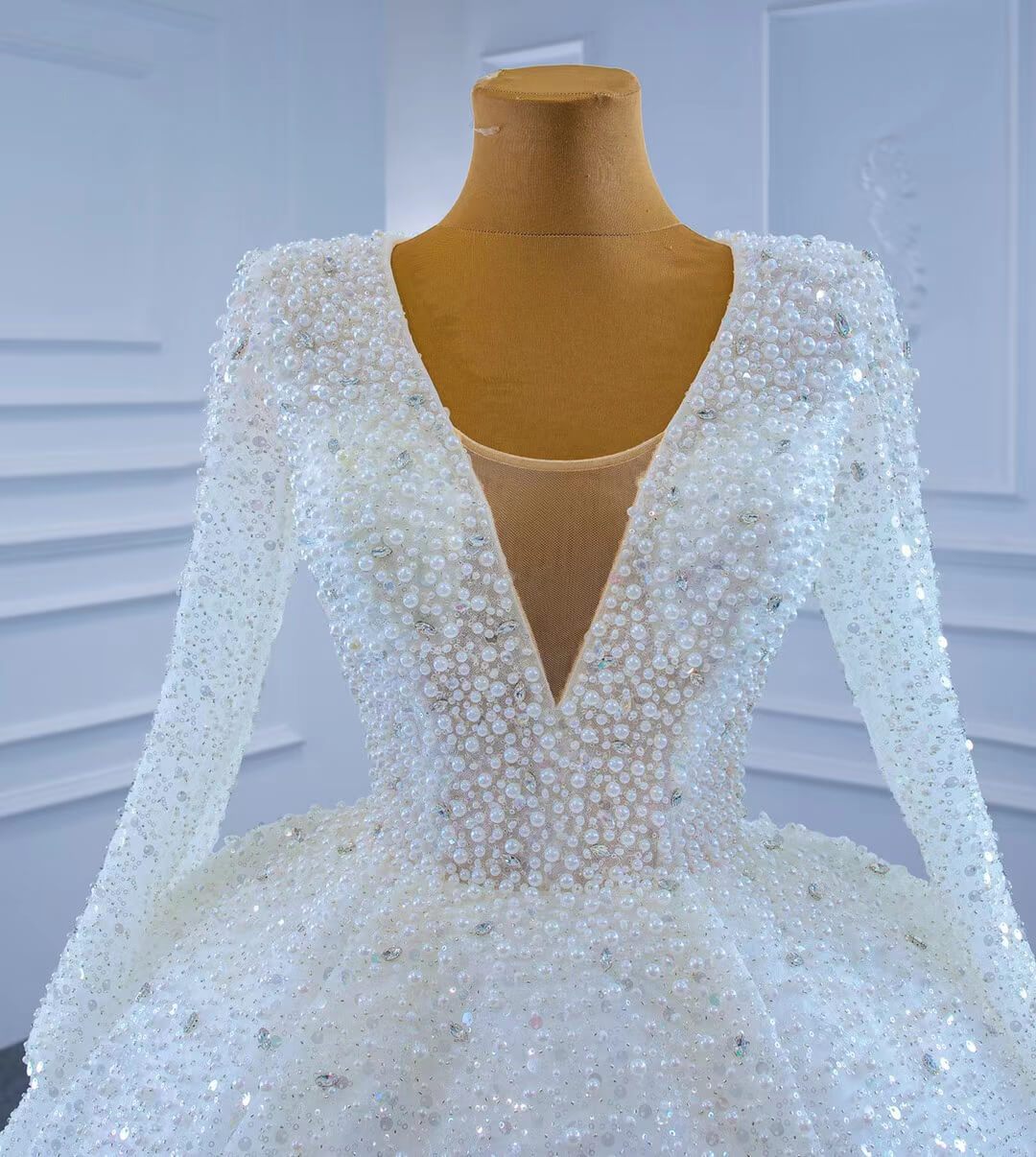 Long Sleeve Pearl Beaded Wedding Dresses Ball Gown V-neck 67265-wedding dresses 2025 -Viniodress-Ivory-Custom Size-