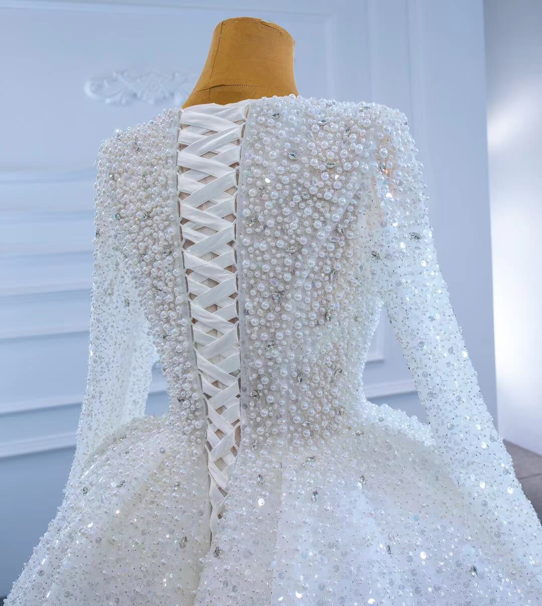 Long Sleeve Pearl Beaded Wedding Dresses Ball Gown V-neck 67265-wedding dresses 2025 -Viniodress-Ivory-Custom Size-
