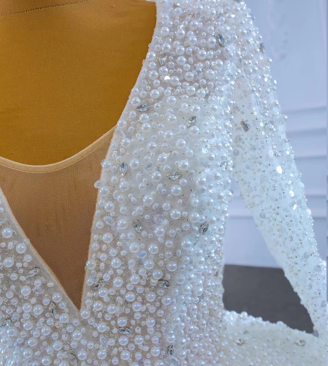 Long Sleeve Pearl Beaded Wedding Dresses Ball Gown V-neck 67265-wedding dresses 2025 -Viniodress-Ivory-Custom Size-
