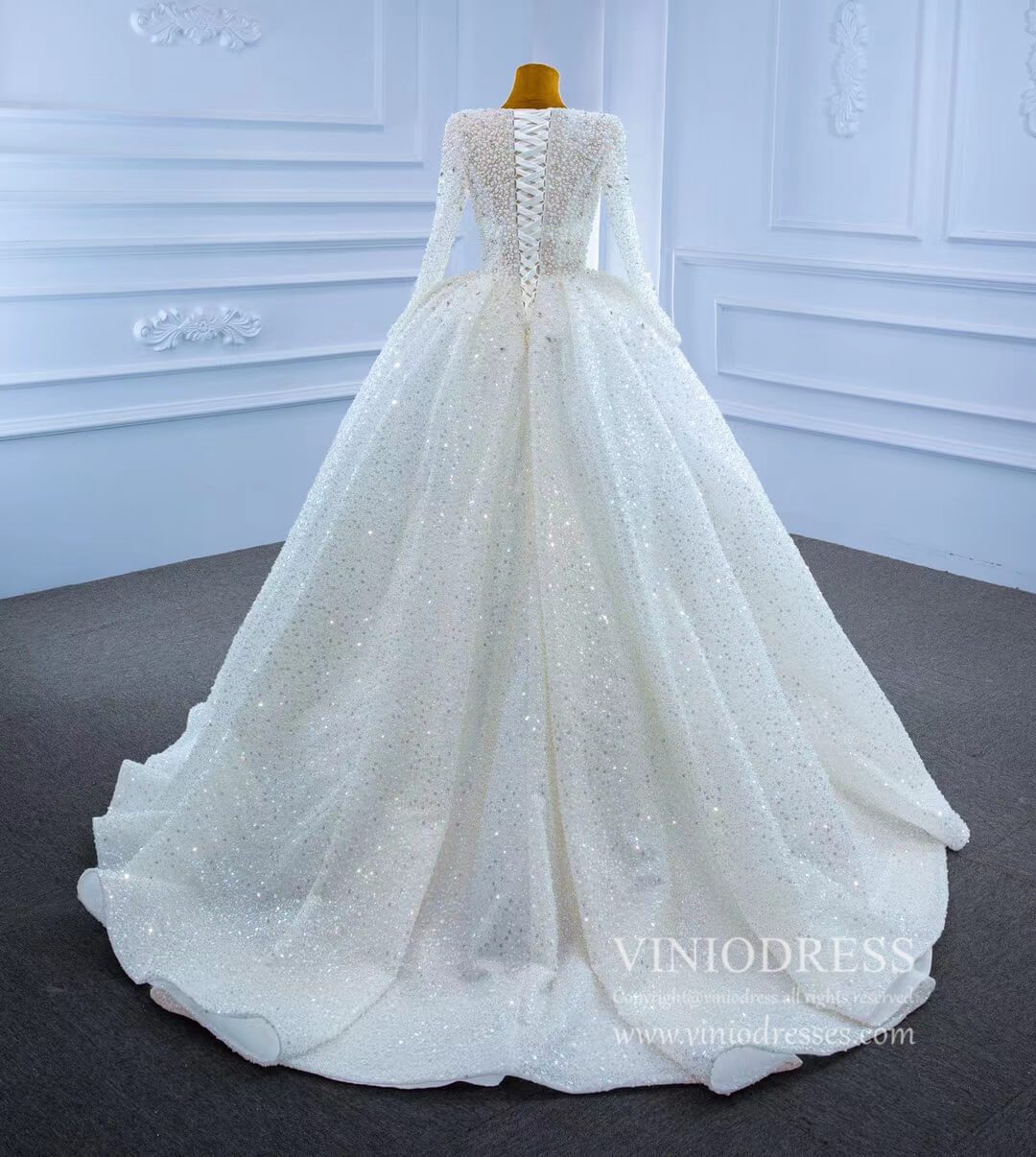 Long Sleeve Pearl Beaded Wedding Dresses Ball Gown V-neck 67265-wedding dresses-Viniodress-Viniodress