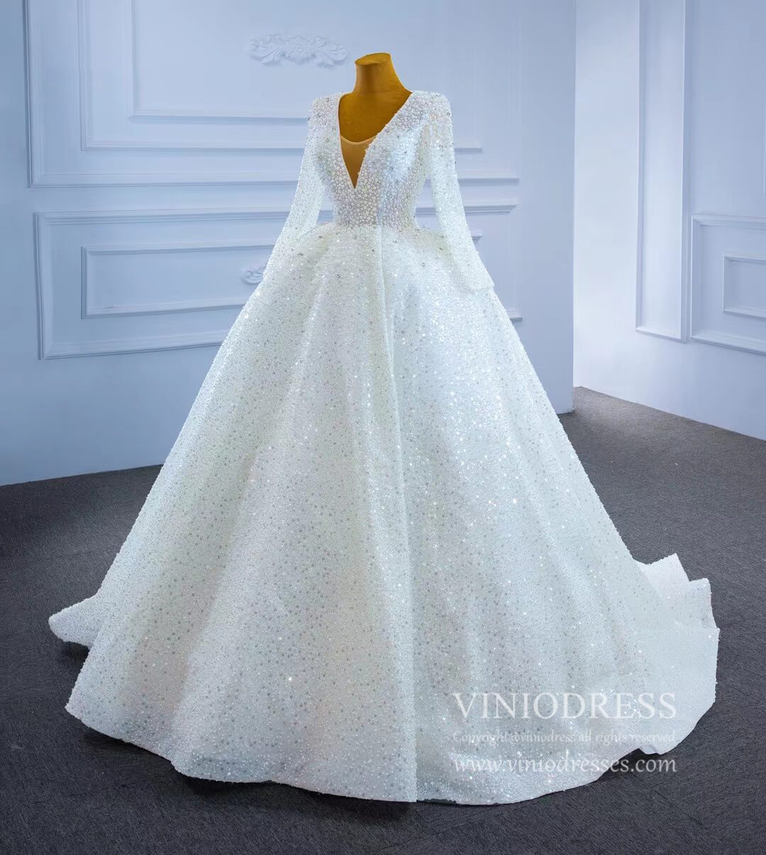 Long Sleeve Pearl Beaded Wedding Dresses Ball Gown V-neck 67265-wedding dresses-Viniodress-Viniodress