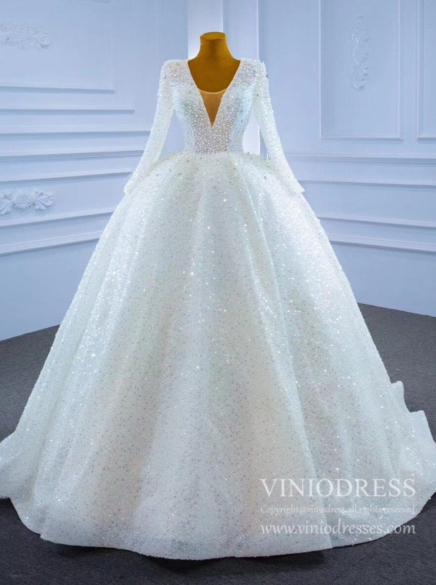 Long Sleeve Pearl Beaded Wedding Dresses Ball Gown V-neck 67265-wedding dresses-Viniodress-Ivory-Custom Size-Viniodress