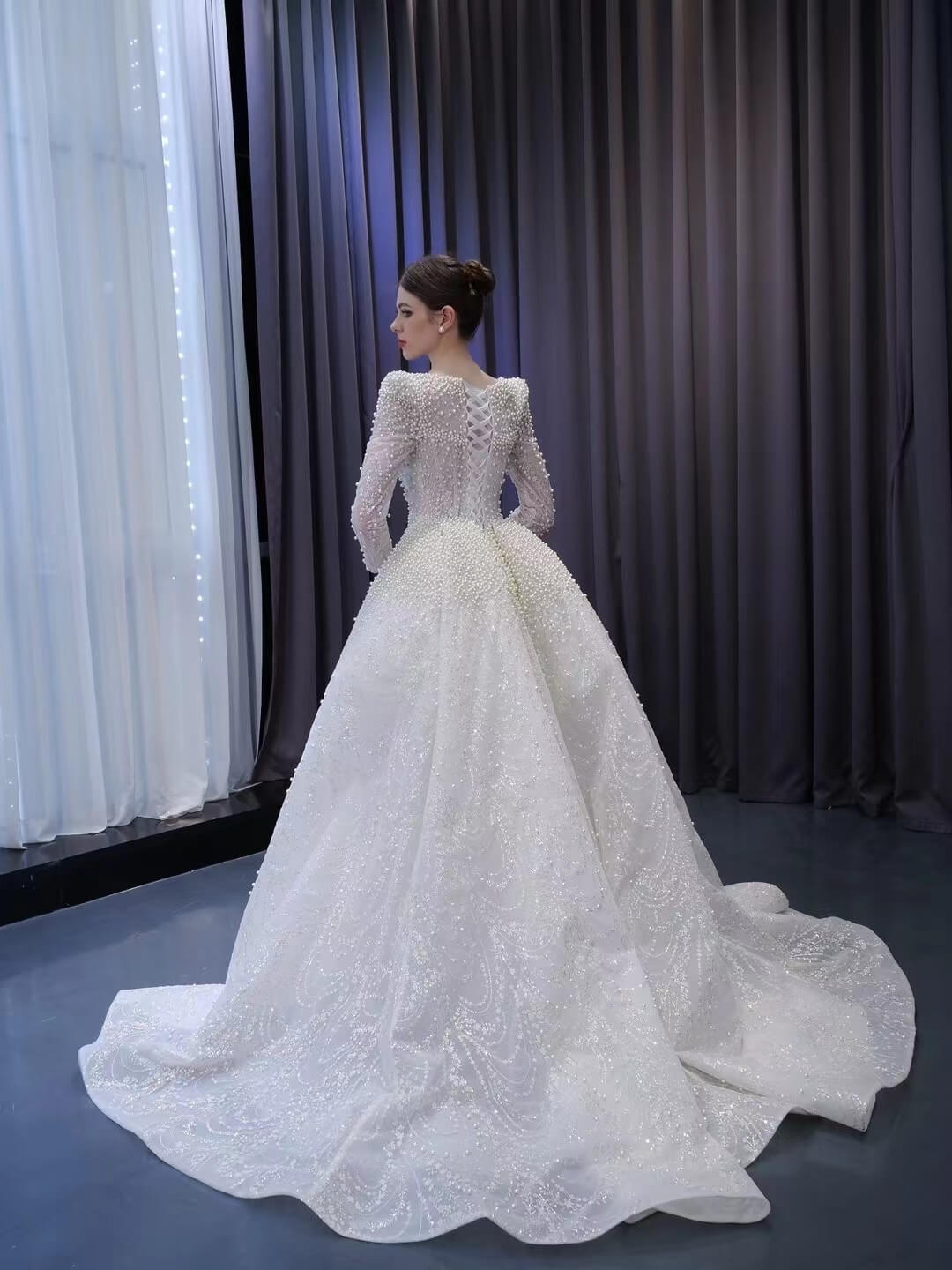 Long Sleeve Pearl Mermaid Wedding Dresses with Overskirt Train 222236-wedding dresses 2025 -Viniodress-Ivory-Custom Size-