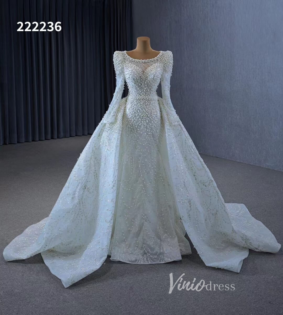 Long Sleeve Pearl Mermaid Wedding Dresses with Overskirt Train 222236-wedding dresses 2025 -Viniodress-Ivory-Custom Size-